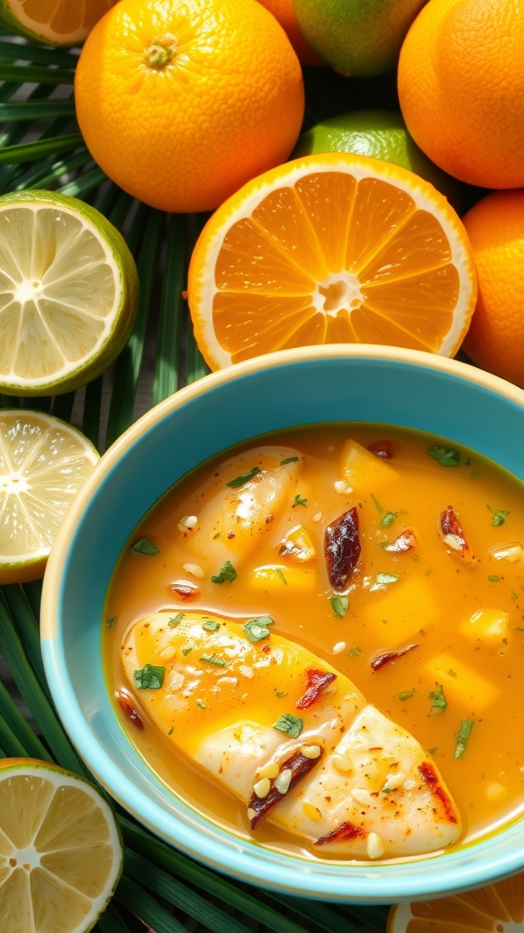 A bowl of tropical citrus marinade made with orange and lime juice, garlic, and herbs, with fresh citrus fruits in the background.